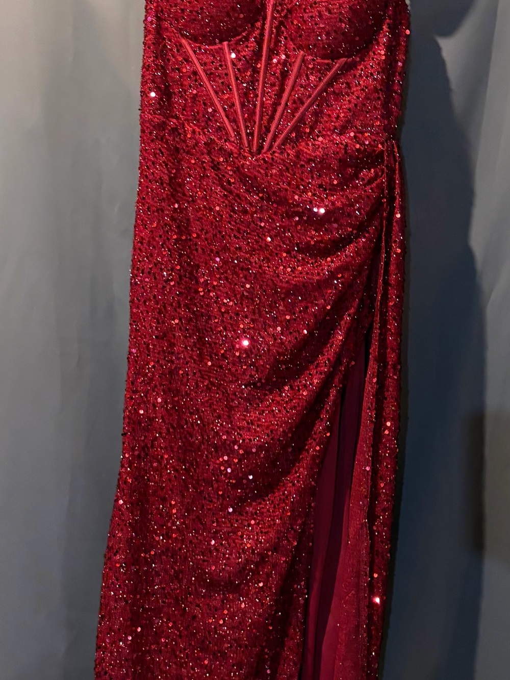 Sparkling Red Sequin Prom Gown with Corset Detailing